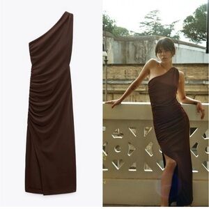 Zara One-Shoulder Ruched Maxi Dress - Brown